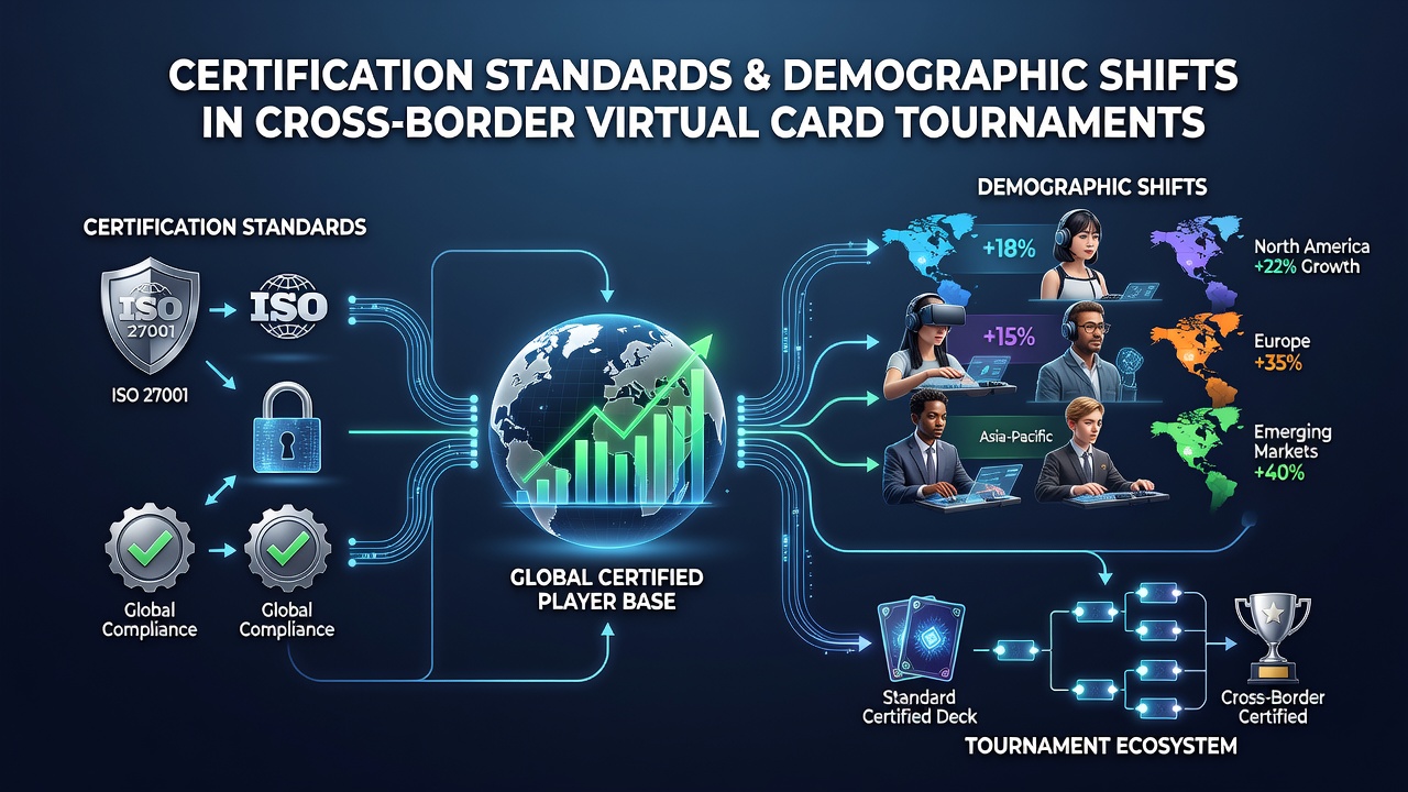 Data dashboards showing shifting player demographics in certified virtual card tournaments