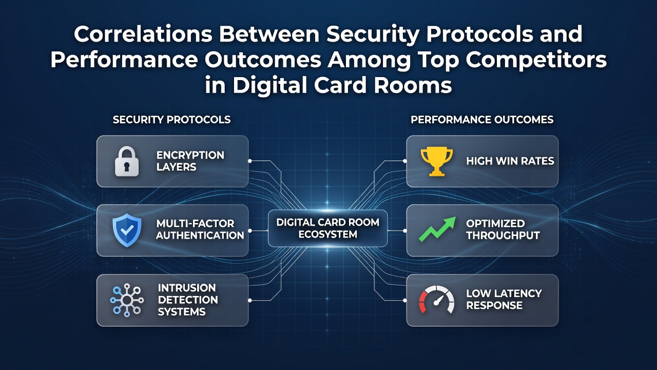 Digital card room interface showing security protocol indicators alongside performance tracking dashboards for top competitors