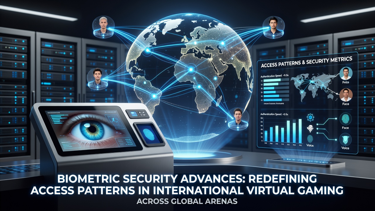 Player using biometric authentication on a mobile gaming device in an international esports setting