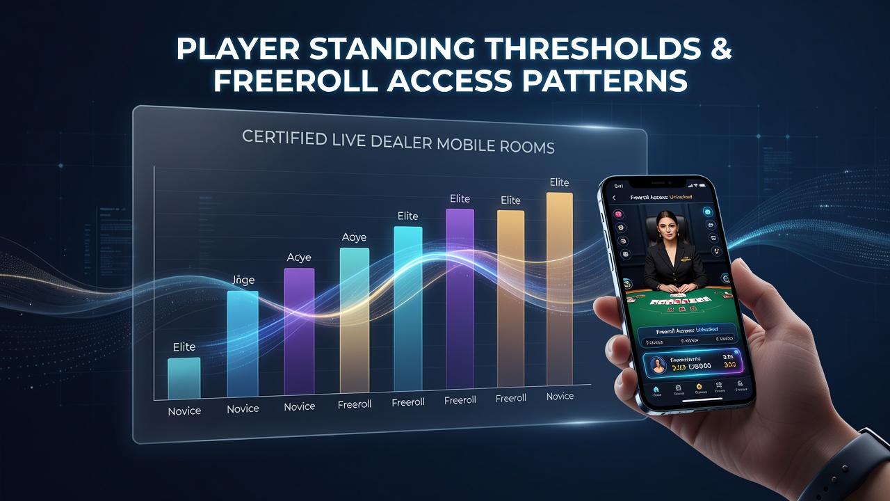 Mobile poker interface showing player standing levels and freeroll qualification metrics in a certified live dealer room