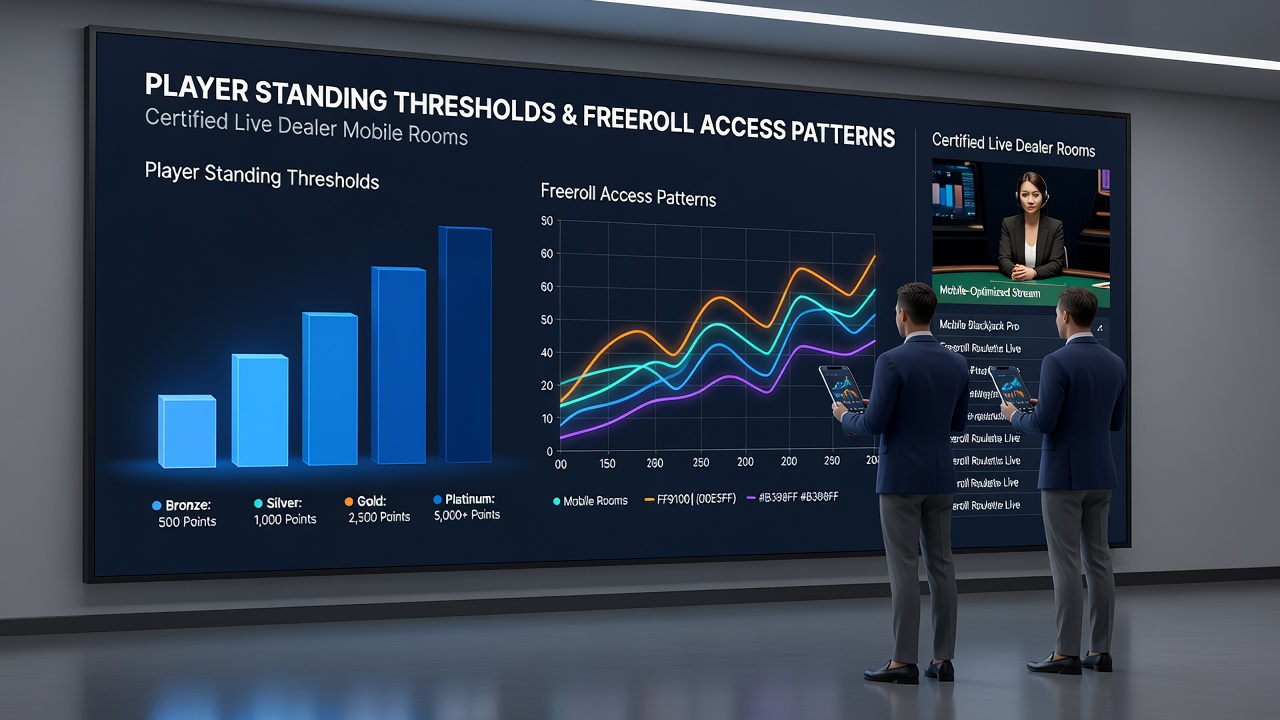 Live dealer mobile poker session illustrating tier-based freeroll entry requirements and player progression indicators