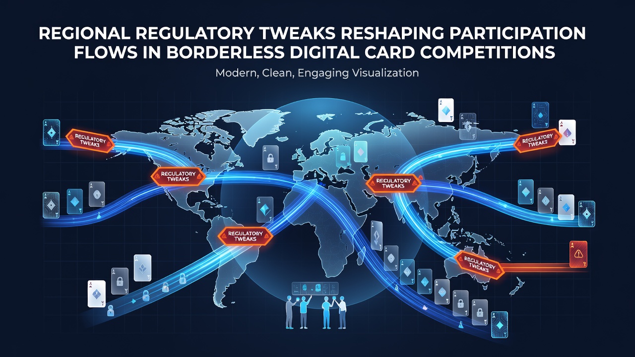 Digital card competition interface showing global player participation maps and regulatory compliance indicators