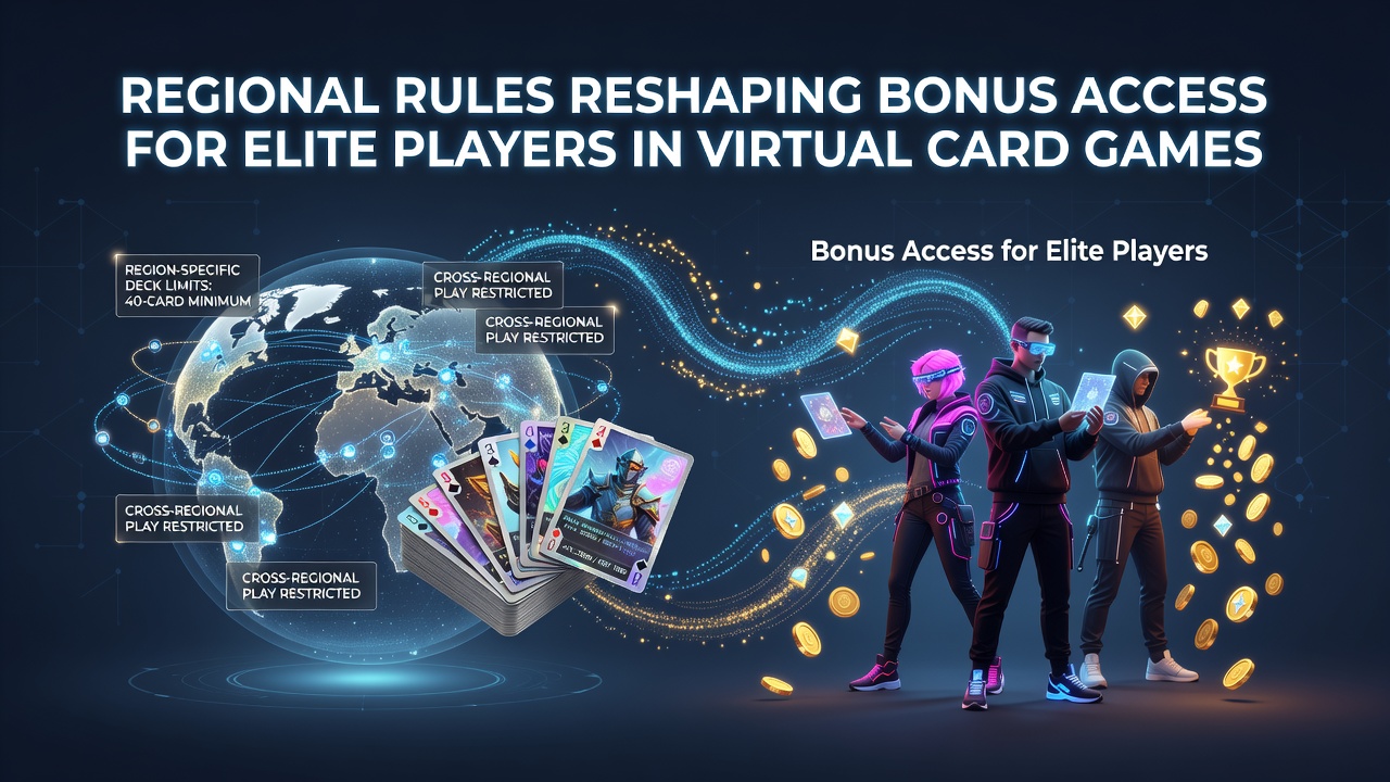 Illustration of regulatory documents and digital card game interfaces showing regional variations in bonus structures