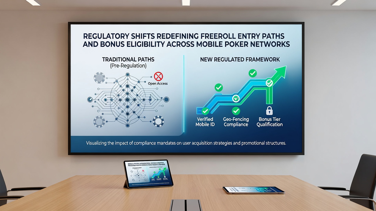Mobile poker app interfaces showing updated bonus eligibility and freeroll access rules