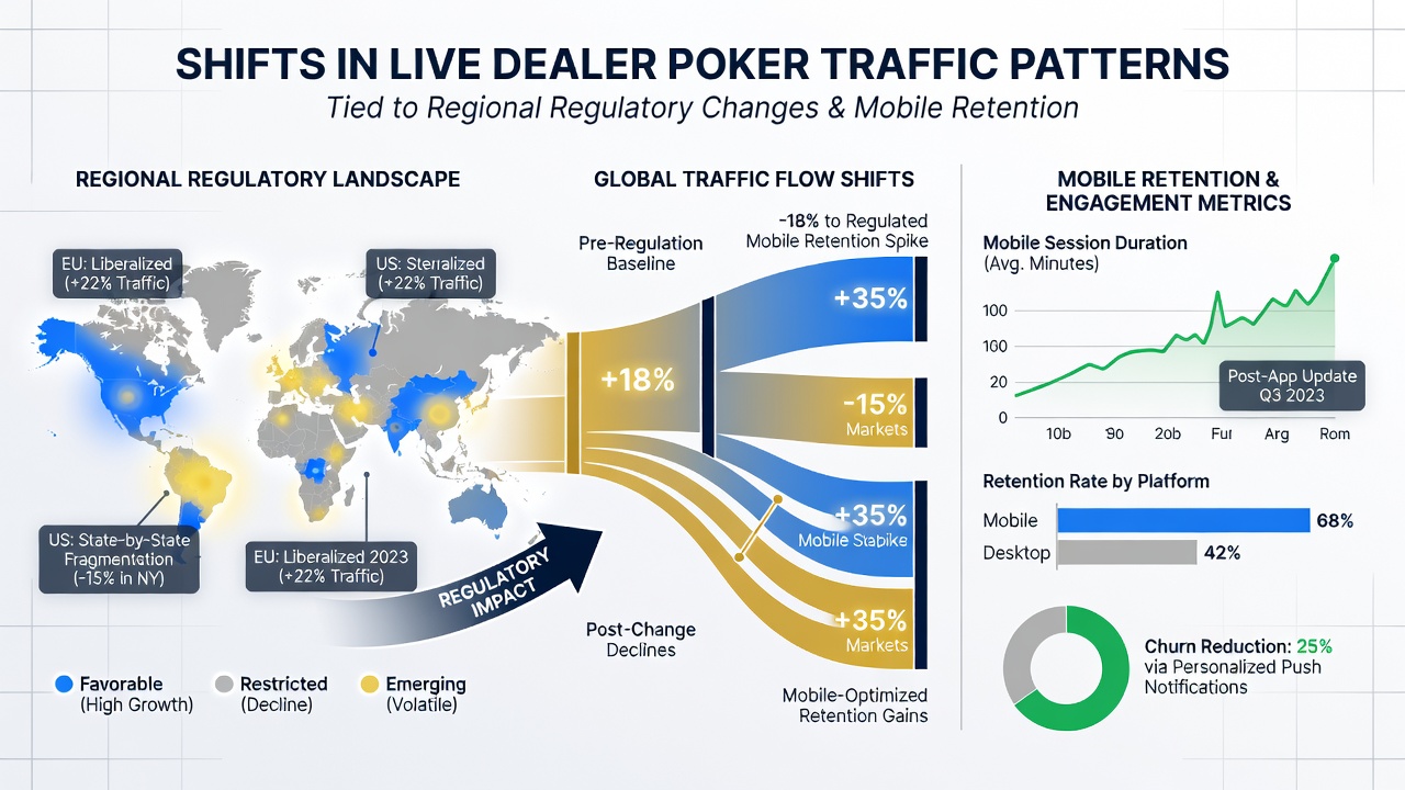 Mobile poker app dashboard displaying retention metrics and live dealer traffic charts