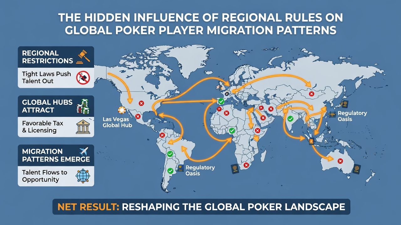Poker tournament venue with international players arriving under varying regulatory conditions