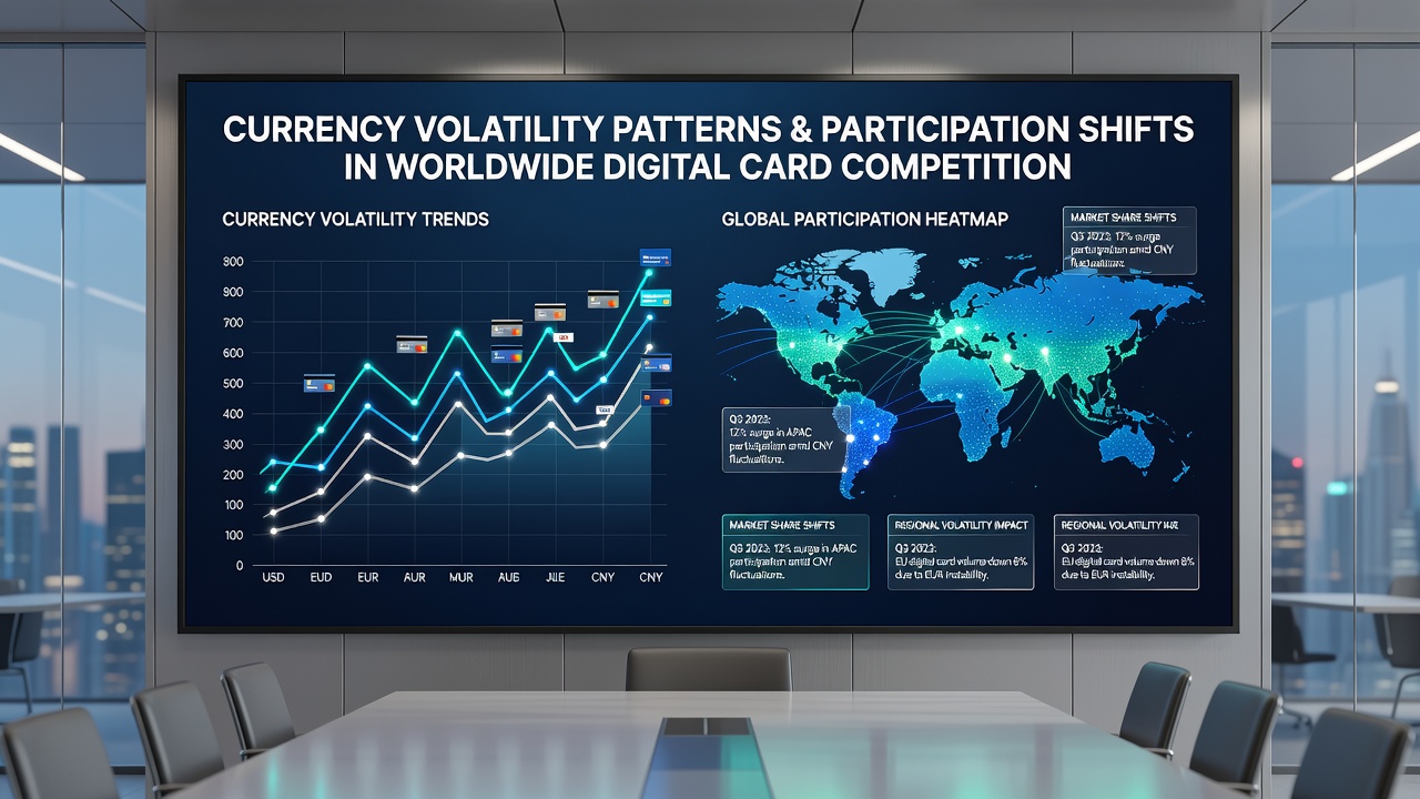 Digital card game interfaces displaying bonus eligibility indicators alongside live exchange rate feeds